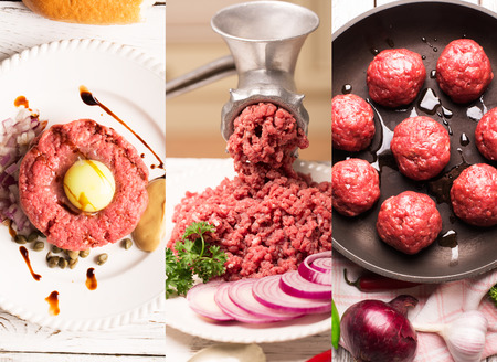 Collage from photos of forcemeat and vegetables (rustic style)の写真素材