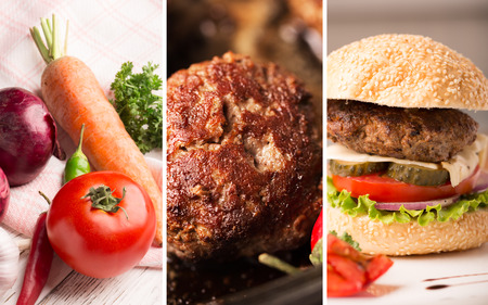 Collage from different photos of meat and vegetables on the tableの写真素材