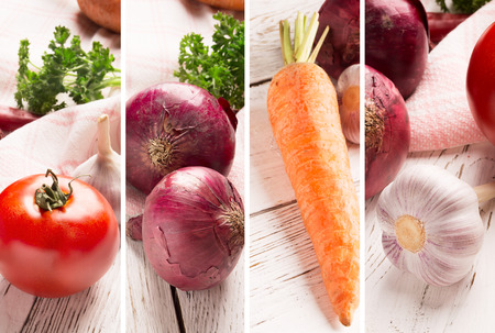 Healthy food collage/studio photo of different vegetables on wooden tableの写真素材