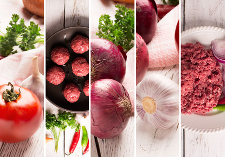 Healthy food collage/studio photo of different vegetables and meatの写真素材
