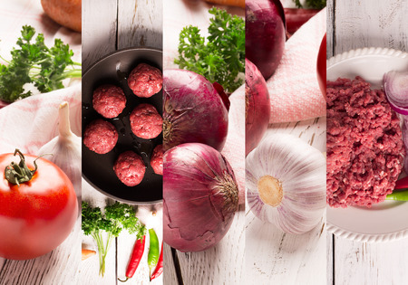 Collage from different photos of meat and vegetables on the tableの写真素材