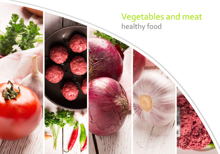 Healthy food collage/studio photo of different vegetables and meatの写真素材