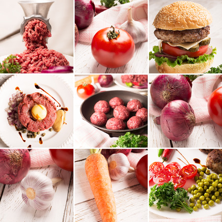 Collage from different photos of meat and vegetables on the tableの写真素材