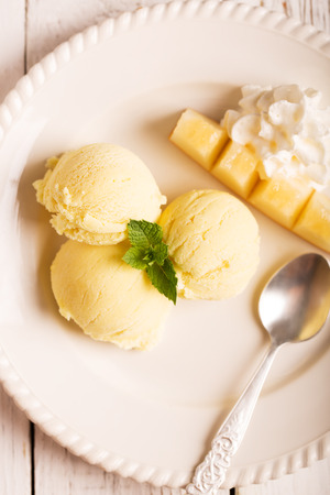 Tasty ice cream with mango and mintの写真素材