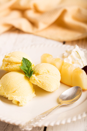 Tasty ice cream with mango and mintの写真素材