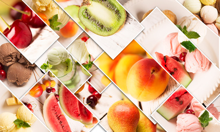 Collage from different photos of tasty ice cream and fruitsの写真素材