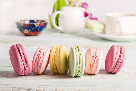 Macaroons on the wooden table (close up shot)の写真素材