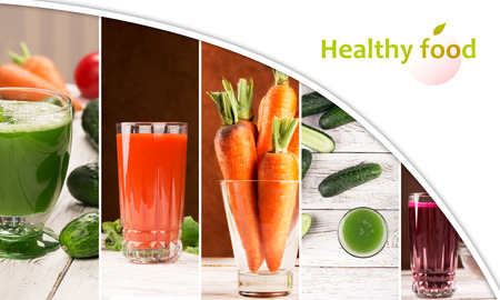 Food collage from photos of different vegetables and juicesの写真素材