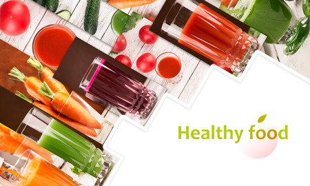 Food collage from photos of different vegetables and juicesの写真素材