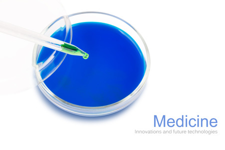 Petri dishes with chemical reagent isolated on whiteの写真素材