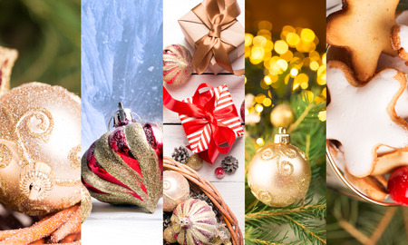 Christmas collage with red and golden ornaments, fir-cones on a wooden tableの写真素材
