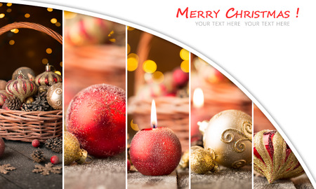 Christmas collage with red and golden ornaments, fir-cones on a wooden tableの写真素材