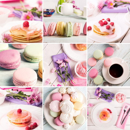 Food collage from ptotos of pancakes and macaroonsの写真素材