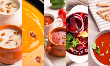 Collage from photos of colorful soups pureeの写真素材