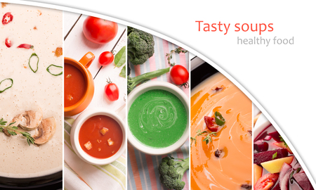 Collage from photos of soups puree with copy spaceの写真素材