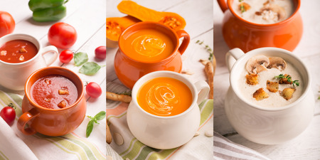 Collage from colorful photos of soups pureeの写真素材