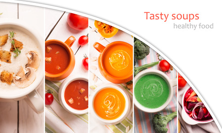 Collage from colorful photos of soups puree with copy spaceの写真素材