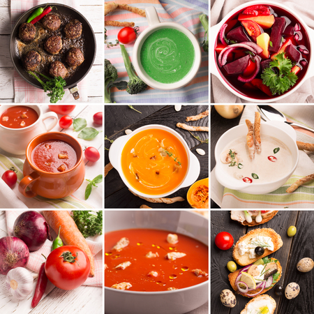 Collage from photos of colorful soups puree and other foodの写真素材