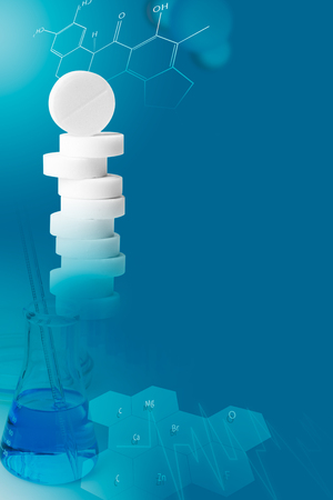 Pharmacologic collage (pills and laboratory equipment)の写真素材
