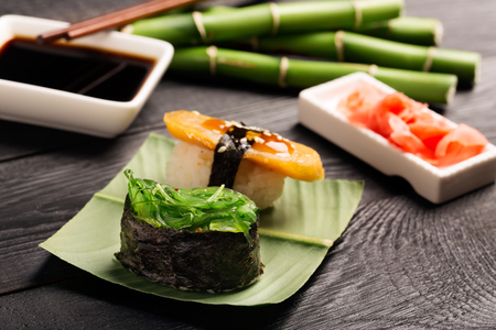 Traditional japanese sushi with cutted seaweedの写真素材