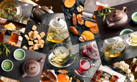 Traditional sorts of tea in different cultures (collage)の写真素材