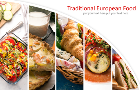 Collage from photos of different european food. Vegetables and meatの写真素材