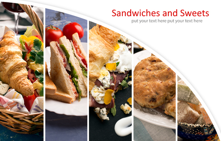 Collage from photos of different sandwiches and sweetsの写真素材