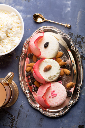 Traditional Indian sweet Sandesh  prepared with cottage cheese and sugarの写真素材