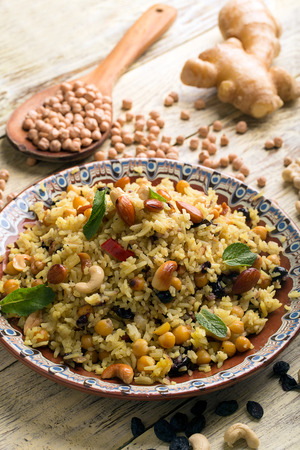 Traditional Middle Eastern or Indian dish of rice (pilaf) cooked with spicesの写真素材