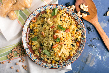 Traditional Middle Eastern or Indian dish of rice (pilaf) cooked with spicesの写真素材