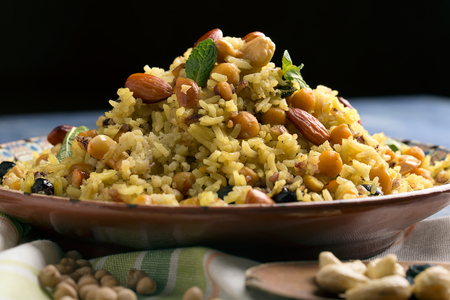 Traditional Middle Eastern or Indian dish of rice (pilaf) cooked with spicesの写真素材