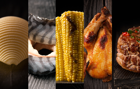 Natural food. Photo collage. Dark backgroundの写真素材
