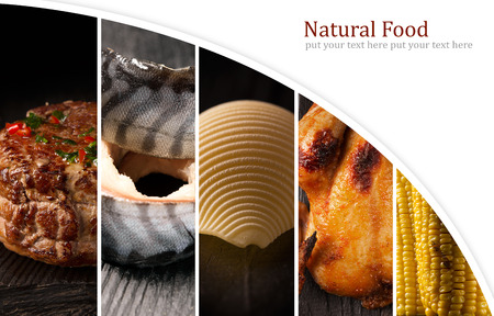 Natural food. Photo collage. Dark backgroundの写真素材