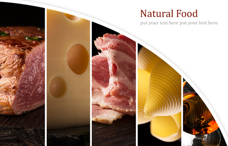 Natural food. Photo collage. Dark backgroundの写真素材