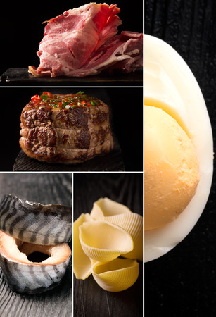 Natural food. Photo collage. Dark backgroundの写真素材