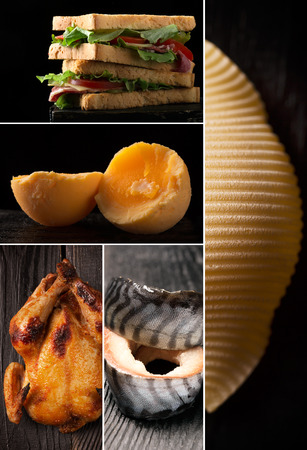 Natural food. Photo collage. Dark backgroundの写真素材
