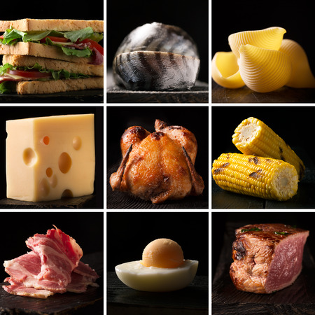 Natural food. Photo collage. Dark backgroundの写真素材