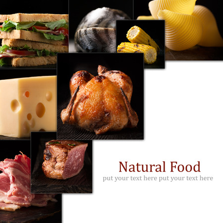 Natural food. Photo collage. Dark backgroundの写真素材