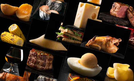 Natural food. Photo collage. Dark backgroundの写真素材