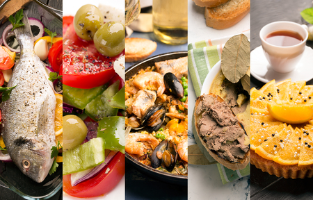 Natural food. Photo collage. Colorful dishes form meat or vegetablesの写真素材