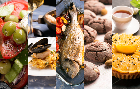 Natural food. Photo collage. Colorful dishes form meat or vegetablesの写真素材