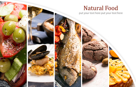 Natural food. Photo collage. Colorful dishes form meat or vegetablesの写真素材