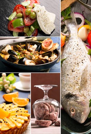 Natural food. Photo collage. Colorful dishes form seafood or vegetablesの写真素材