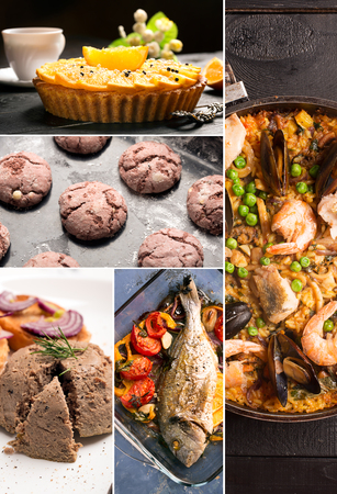 Natural food. Photo collage. Colorful dishes form seafood or vegetablesの写真素材