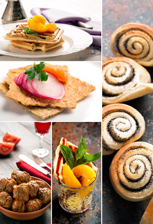Natural food. Photo collage. Vegetables, meat and bakeryの写真素材