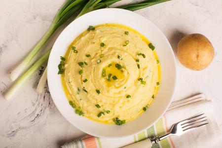 Irish mashed potatoes (Champ) with butter and chivesの写真素材