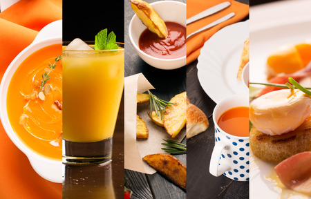 Collage of photos of natural food (starters and main courses)の写真素材