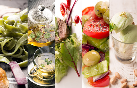 Collage of photos of natural food (in green colors)の写真素材