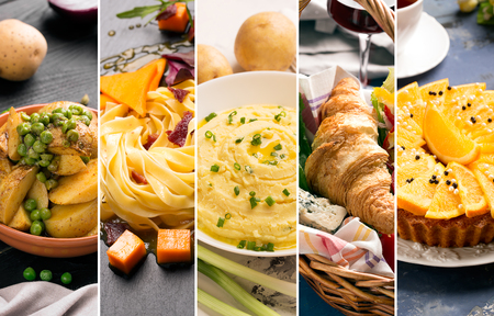Collage of photos of natural food (in yellow colors)の写真素材