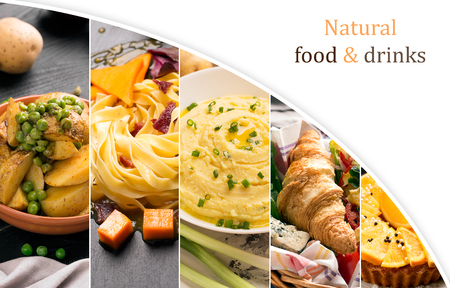 Collage of photos of natural food (in yellow colors)の写真素材
